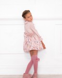 Girls Pink Polka Dot Dress With Floral Skirt & Feather Belt