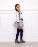 Girls White Decorated T-Shirt & Blue Floral Brocade Skirt Set Outfit