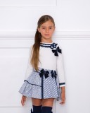 Girls White Decorated T-Shirt & Blue Floral Brocade Skirt Set