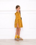 Girls Mustard and Black Cats Dress & Beige Suede Boots Outfit