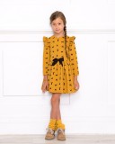 Girls Mustard and Black Cats Dress & Beige Suede Boots Outfit