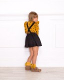 Mustard Cat Print Dress & Black Dungaree Skirt Set