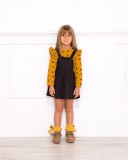 Girls Mustard and Black Cat Blouse & Black Dungaree Dress Outfit