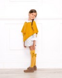 Girls Mustard Knitted Poncho with Pom-Poms