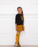 Black Coat, Black & Gold Cat Sweater with Mustard Black Cats Skirt Outfit