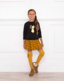 Black Coat, Black & Gold Cat Sweater with Mustard Black Cats Skirt Outfit