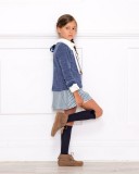Girls Blue and White Geometric Dress & Blue Sweater Outfit