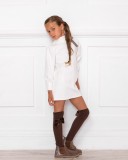 Girls White Neoprene Dress with Chocolate Bow & Taupe Boots Outfit