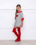 Girls Gray Dress with Red Lace Collar & Velvet Bows