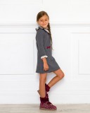 Girls Grey Pique Dress with Ruffle Collar & Burgundy Bows