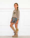 Girls Beige House Knitted Sweater & Gray Spotted Shorts Outfit