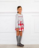 Girls Gray Blouse & Red Checked Skirt Set 