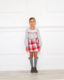 Girls Gray Blouse & Red Checked Skirt Set 