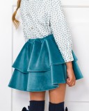 Girls White Blouse & Blue Glitter Polka Dots With Bow Collar