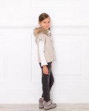 Beige Knitted Poncho Gillet With Synthetic Fur Hood & Satin Bow