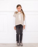 Beige Knitted Poncho Gillet With Synthetic Fur Hood & Satin Bow