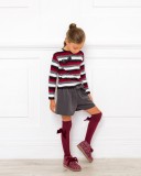 Gray & Burgundy Striped Sweater With Bow Brooch 