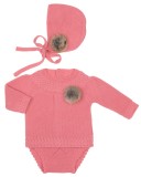 Baby Pink Knitted Sweater, Knickers & Bonnet Set with Fur Pom-Poms