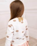 Girls Ivory Blouse & Pale Pink Skirt Set with Ivory and Gold Spotted Sweater Outfit