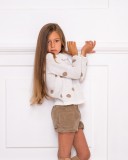Girls Ivory and Spotted Gold Sweater & Beige Shorts Outfit