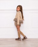 Girls Ivory Blouse with Beige Sweater & Velvet Shorts Outfit