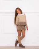 Girls Ivory Blouse with Beige Sweater & Velvet Shorts Outfit