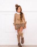 Girls White Blouse with Beige Shorts & Taupe Suede Boots Outfit