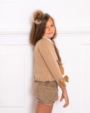 Girls White Blouse with Beige Shorts & Taupe Suede Boots Outfit