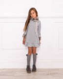 Girls Gray Jersey Dress with Removable Synthetic Fur Collar