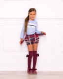 Girls Blue Shirt & Burgundy Checked Shorts With Braces Set