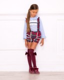 Girls Blue Shirt & Burgundy Checked Shorts with Braces Set Outfit