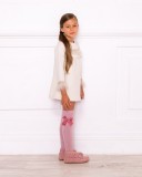 Girls Beige Dress with Pale Pink Longs Socks & Pink Suede Boots Outfit