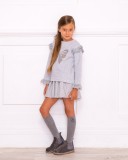 Girls Grey Sweatshirt with Silver Bow & Gray Suede Boots Outfit