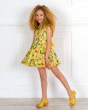 Outfit Girls Yellow Flowers & Parrot Print Flared Dress & Pale Yellow Wooden Clogs Sandals
