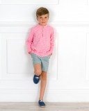 Outfit Boys Coral Pink & White Gingham Shirt & Green Shorts Set & Blue Suede & Jute Espadrilles