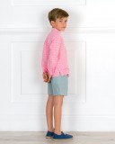 Outfit Boys Coral Pink & White Gingham Shirt & Green Shorts Set & Blue Suede & Jute Espadrilles