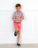 Outfit Boys Checked Shirt & Coral Pink Shorts Set & Blue Suede & Jute Espadrilles