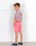 Outfit Boys Checked Shirt & Coral Pink Shorts Set & Blue Suede & Jute Espadrilles