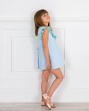 Girls Light Blue Dress & Aqua Green Lurex Polka Dot Asimmetric Ruffle & Make-up Patent Leather Sandals Outfit