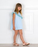 Girls Light Blue Dress & Aqua Green Lurex Polka Dot Asimmetric Ruffle & Make-up Patent Leather Sandals Outfit