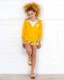 Outfit Yellow Cotton Sweatshirt & Yellow Print Ruffle Skort & Golden Wooden Clogs Sandals