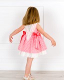 Girls Pink & Ivory Jacquard Spotted Dress & Espadrille Sandals with Pink Flower Outfit 
