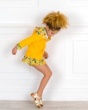 Outfit Yellow Cotton Sweatshirt & Yellow Print Ruffle Skort & Golden Wooden Clogs Sandals
