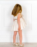 Baby Girls Beige 2 Piece Dress Set & Beige Tulle Bow & Espadrille Sandals with Pink Flower Outfit 