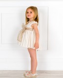 Baby Girls Beige 2 Piece Dress Set & Beige Tulle Bow & Espadrille Sandals with Pink Flower Outfit 