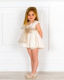 Baby Girls Beige 2 Piece Dress Set & Beige Tulle Bow & Espadrille Sandals with Pink Flower Outfit 