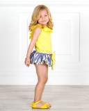  Girls Yellow Shirt & Blue Striped Ruffle Shorts Set  & Yellow Leather Sandals Outfit 