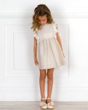 Girls Beige Dress with Tulle Broderie Ruffle Sleeves & Beige Espadrille Sandals Outfit 