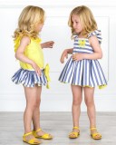  Girls Yellow Shirt & Blue Striped Ruffle Shorts Set  & Yellow Leather Sandals Outfit 