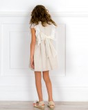  Girls Beige Dress with Tulle Broderie Ruffle Sleeves & Beige Espadrille Sandals Outfit 